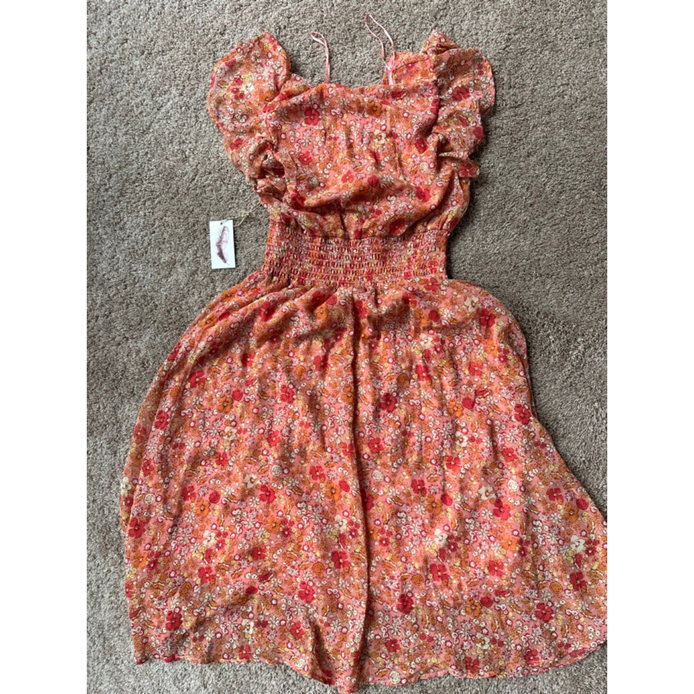Women's Jessica Simpson M Coral Orange Floral Smocked Midi Dress - Picture 6 of 7
